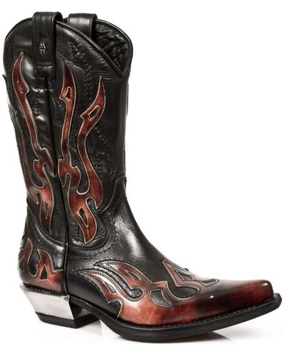New Rock Flame Accented Black/red Mid-calf Cowboy Boots-7921-s2 - Orange