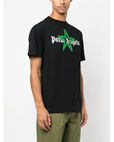 Palm Angels Green Star Sprayed Logo-print T-shirt Black Cotton