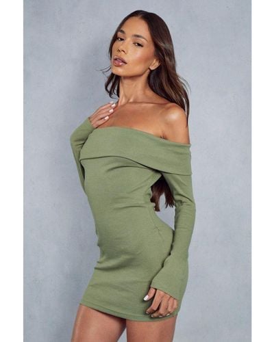 MissPap Ribbed Off The Shoulder Long Sleeve Mini Dress - Green