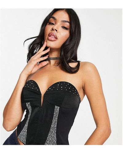 AsYou Satin And Diamante Corset With Lace Up Back - Black