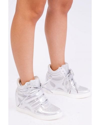 Where's That From Hitop Wedge Trainers With A Front Lace Up And Velcro - White