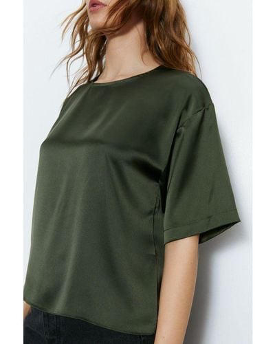 Warehouse Relaxed Fit Boxy Satin Tee - Green