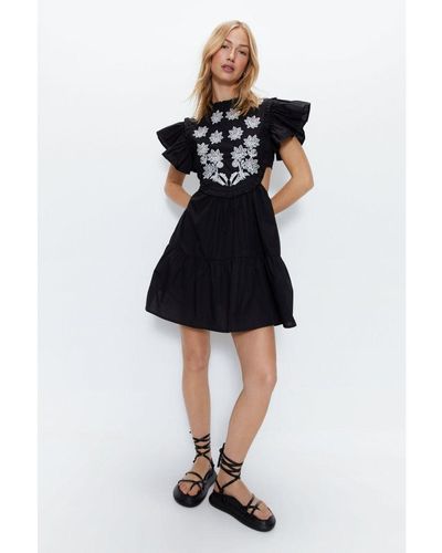 Warehouse Contrast Embroidery Floral Mini Tunic Dress - Blue