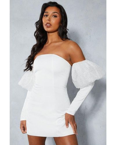 MissPap Satin Bardot Embellished Puff Sleeve Mini Dress - White