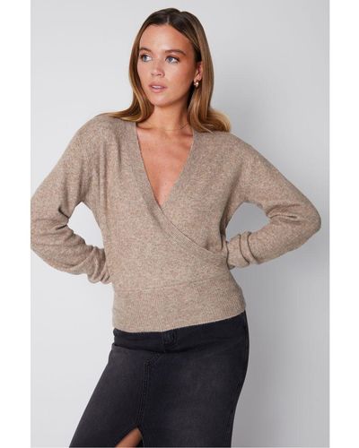 Threadbare Brown 'hepburn' Wrap Front Knitted Jumper - Grey