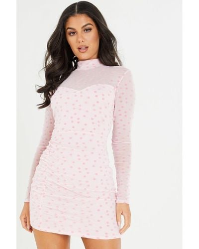 Quiz Mesh Polka Dot Bodycon Dress - Pink