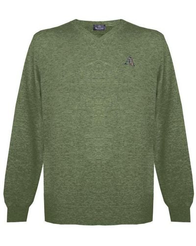 Aquascutum Lange Mouwen / V-hals Knitwear Jumper Met Logo In Groen
