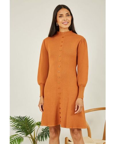 Yumi' Mustard Knitted Button Up Midi Dress With Balloon Sleeves - Orange