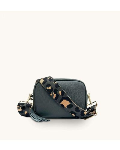 Apatchy London Dark Grey Leather Crossbody Bag With Leopard Strap