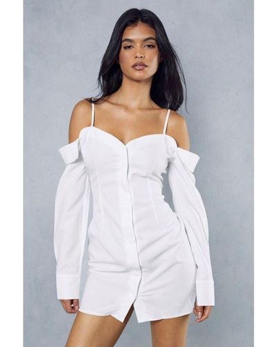 MissPap Poplin Off The Shoulder Button Through Shirt Dress - White