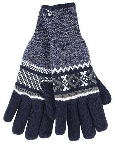 Heat Holders Striped Nordic Fairisle Zig Zag Knitted Fleece Lined Warm Gloves - Blue