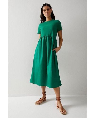 Warehouse Short Sleeve Woven Mix Midi Dress - Green