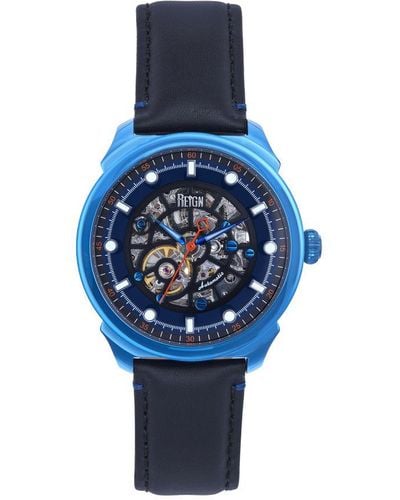 Reign Weston Automatic Skeletonized Leather-Band Watch - Blue