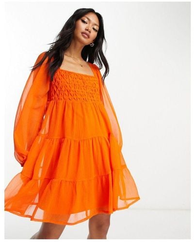 ASOS Crosshatch Square Neck Mini Smock Dress With Trim Detail - Orange