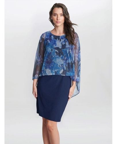 Gina Bacconi Brenya Floral Print Shimmer Popover Dress - Blue
