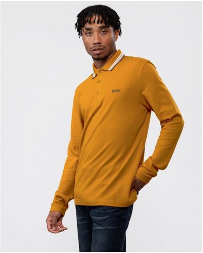 BOSS Plisy Branded Collar Long Sleeve Polo Shirt - Orange