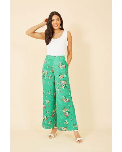 Yumi' Floral Satin Wide Leg Trousers - Green