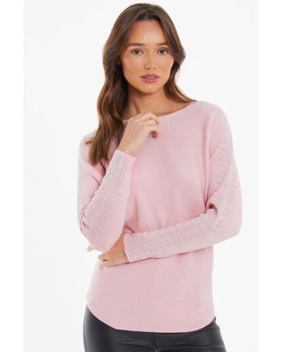 Quiz Pink Light Knit Diamante Sleeve Jumper