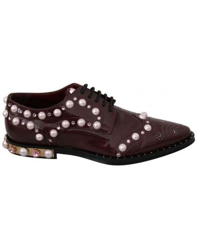 Dolce & Gabbana Bordeaux Leather Crystal Pearls Formal Shoes - Brown
