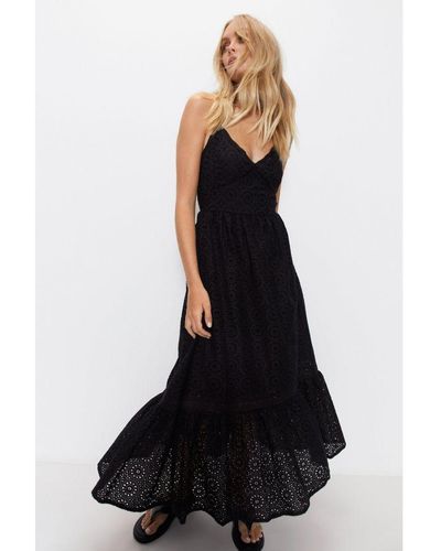 Warehouse Strappy Broderie Maxi Dress - Black