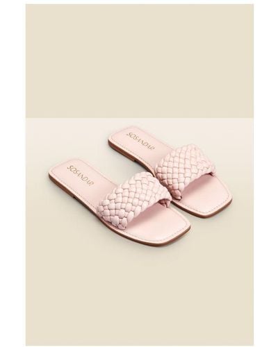 Sosandar Lilou Pale Pink Woven Leather Square Toe Flat Sandals - Natural
