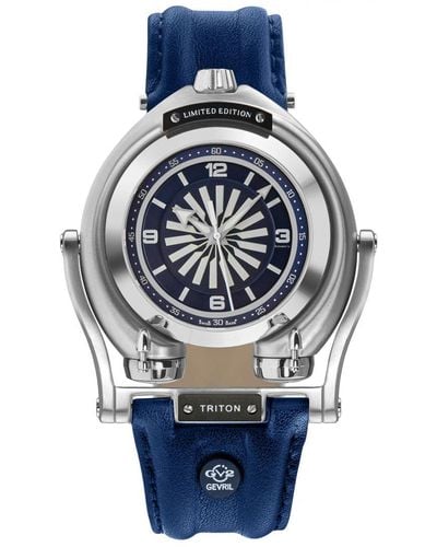 Gv2 Triton Zwitsers Automatisch Horloge Met Blauwe Wijzerplaat Van Kalfsleer