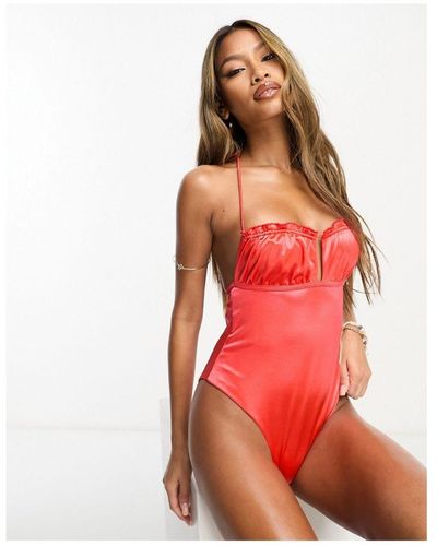 ASOS Ruched Bust Keyhole Lettuce Edge Swimsuit - Red