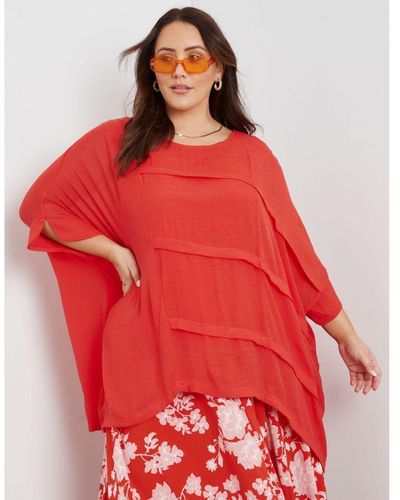 BeMe Elbow Sleeve Woven Pleat Front Top - Plus Size - Red