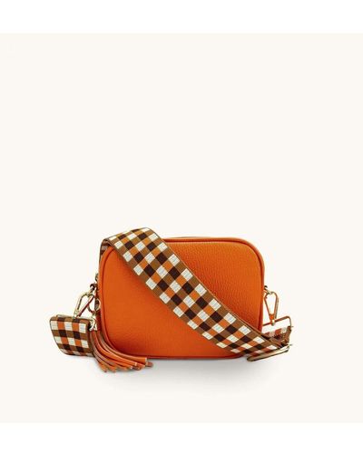 Apatchy London Leather Crossbody Bag With & Tan Check Strap - Orange
