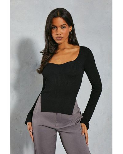 MissPap Knitted Ribbed Plunge Sweetheart Neckline Top - Grey