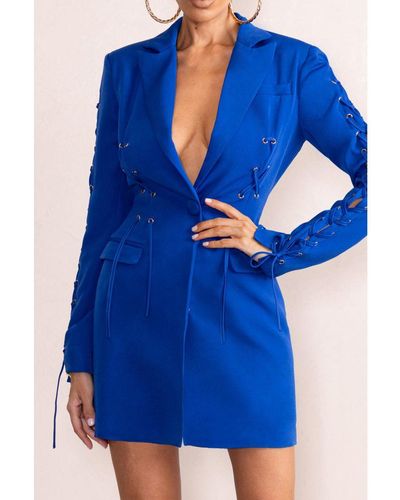 Club L London Material Girl Electric Blue Tie Up Details Blazer Mini Dress