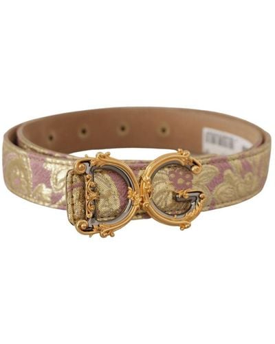 Dolce & Gabbana Rose Pink Jacquard Dg Logo Gold Metal Buckle Belt Leather - White