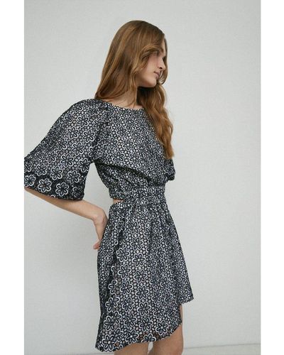 Warehouse Lace Puff Sleeve Mini Dress - Grey