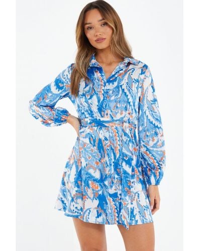 Quiz Marble Print Shirt Mini Dress - Blue