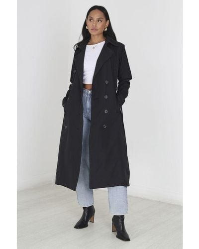 Brave Soul Double-Breasted Longline Trench Coat - Blue