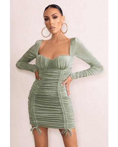 Club L London Long Shot Sage Square Neck Ruched Mini Dress With Sleeves - Green