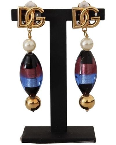 Dolce & Gabbana Gold Plated Brass Glass Design Dangling Earrings - Black