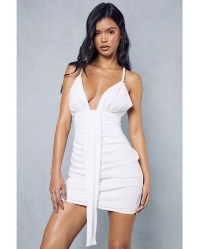 MissPap Textured Strappy Plunge Drape Bodycon Mini Dress - White