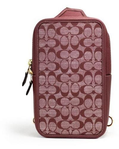 COACH Sullivan Wine Chambray Canvas Pebbled Leather Crossbody Pack Bag - Red