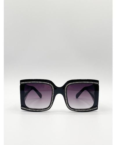 SVNX Oversized Square Sunglasses With Diamonte Detail - Black