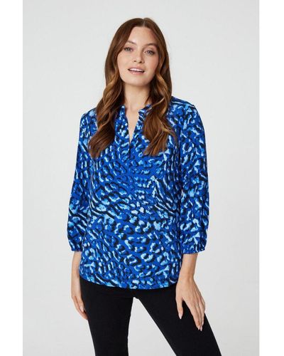 Izabel London Blue Animal Print Collarless Shirt Top