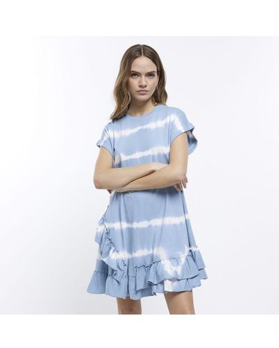 River Island T-Shirt Mini Dress Stripe Frill Cotton - Blue
