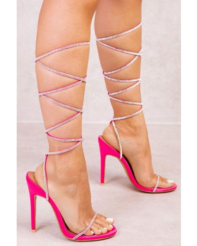 Where's That From Ophelia Diamante Strap Lace Up Tie Leg High Heels - Pink