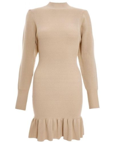 Quiz Cream Knitted Frill Hem Jumper Dress - Natural