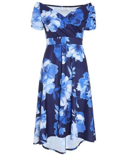 Quiz Navy Floral Bardot Dip Hem Midi Dress - Blue