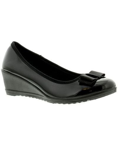 Platino New Ladies/ Patent Low Heels Slip On Wedges/Shoes With Bow Pu - Black