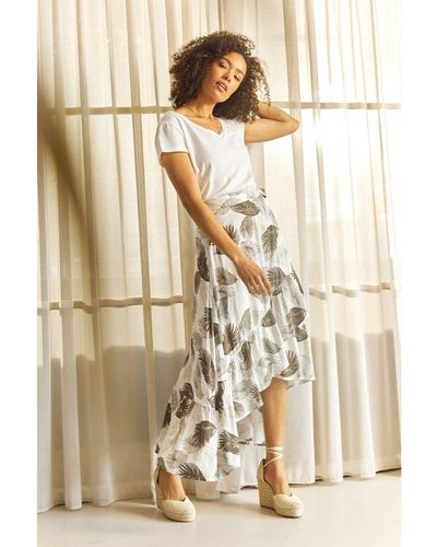 Izabel London Tropical Print Wrap Front Midi Skirt Cotton - Natural
