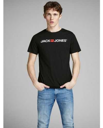 Jack & Jones Designer Crew Neck T-Shirts Short Sleeve - Black