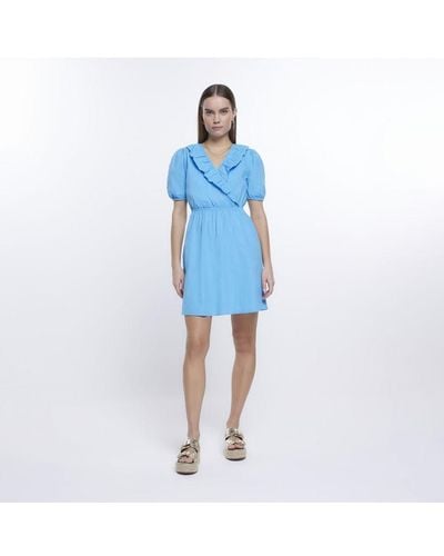 River Island Wrap Mini Dress Blue Puff Sleeve Cotton