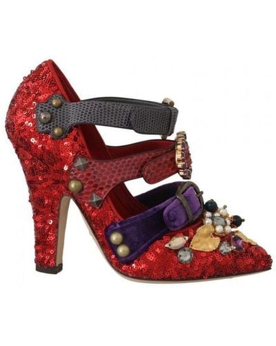 Dolce & Gabbana Red Sequined Crystal Studs Heels Shoes Cotton